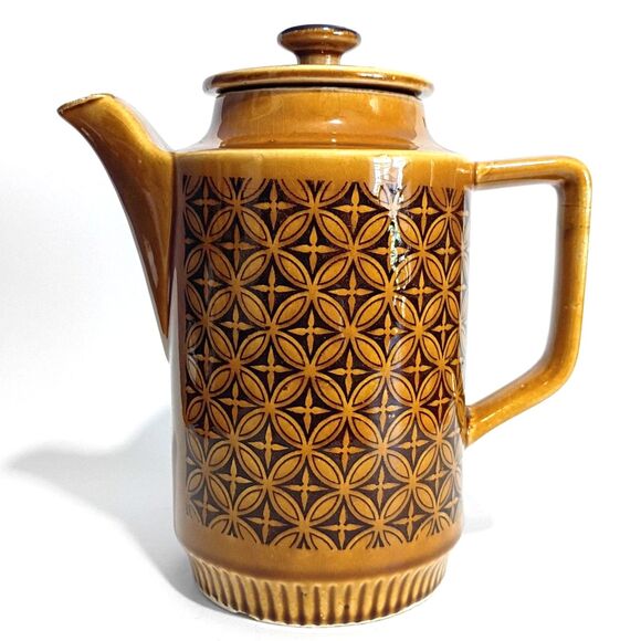 Vintage Brown Geometric Ceramic Coffee Pot / Teapot Made in Japan Lidded Pitcher - Picture 2 of 6